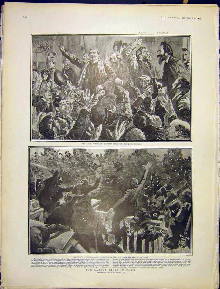 Original Old Antique Print Labour Riots Paris Impressions Renouard 1903 20th