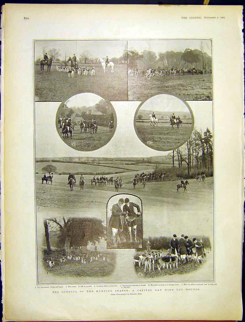 Original Old Antique Print Opening Hunting Season 1903 20th Century