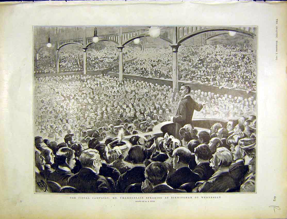 Original Old Antique Print Chamberlain Fiscal Birmingham Fishy Story Mills 1903