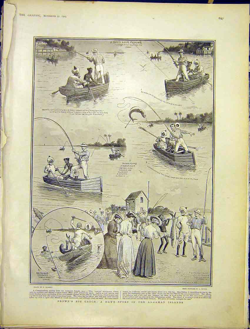 Original Old Antique Print Sketch Ralston Brown'S Big Catch Andaman Islands 1903