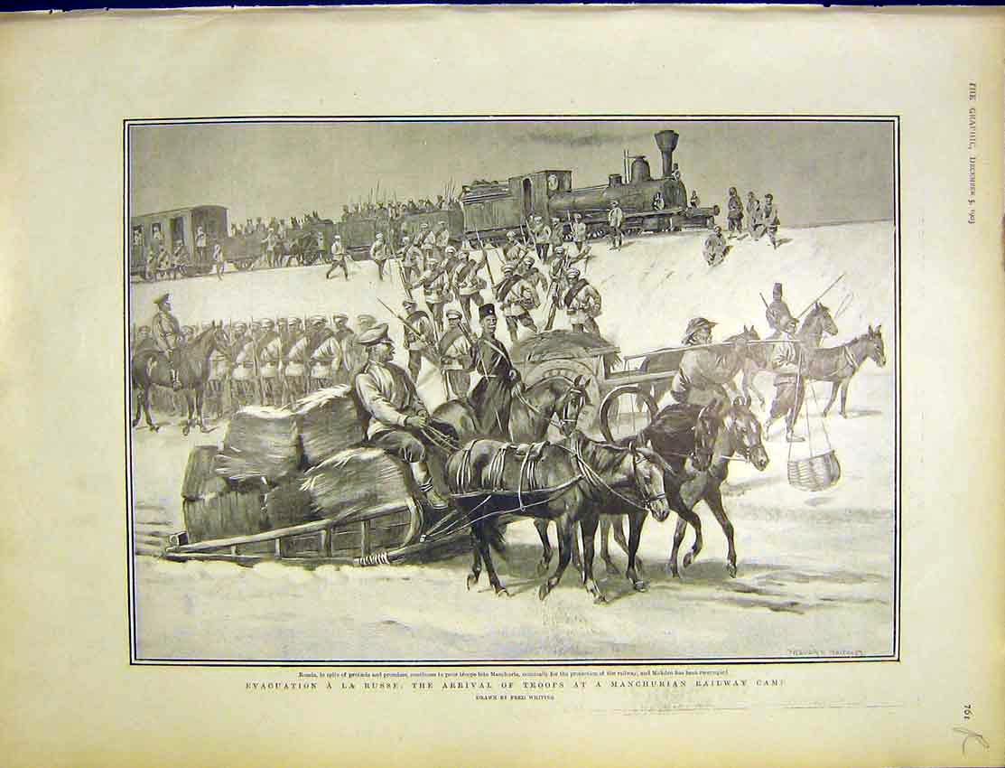 Original Old Antique Print Russian Evacuation Manchuria Ralston Sketches 1903