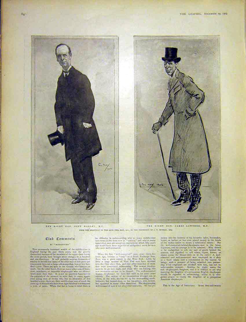 Original Old Antique Print Portrait Sketches Morley Lowther Mp 1903 20th Century