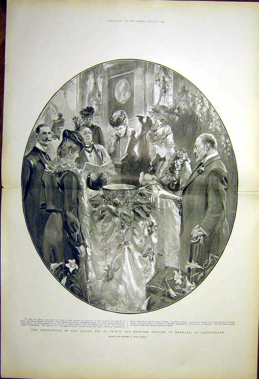 Original Old Antique Print Christening Prince Princess Denmark Sandringham 1903