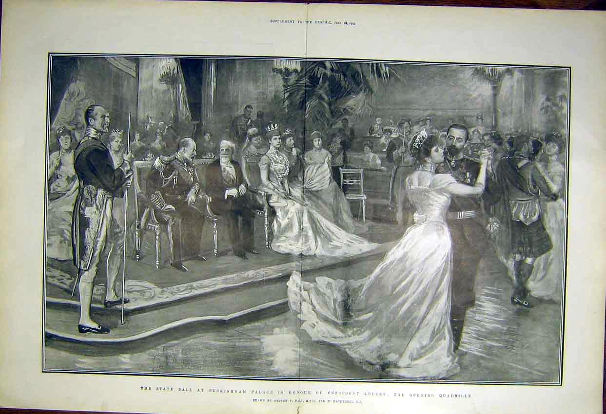 Original Old Antique Print State Ball Buckingham Palace President Loubet 1903
