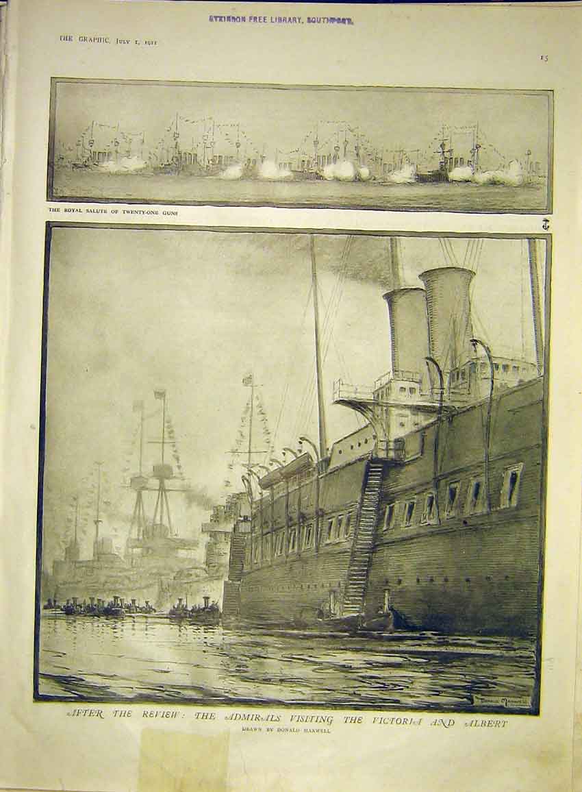 Original Old Antique Print Review Admiral Victoria Albert Maxwell Royal Salute