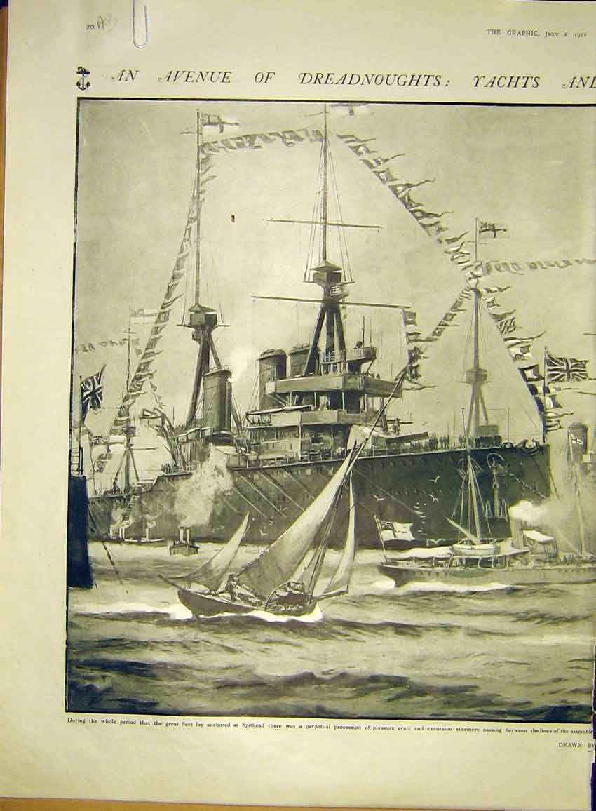 Old Antique Print Dreadnought Yacht Steamer Ship Boat Lacy Spithead 1911 20th