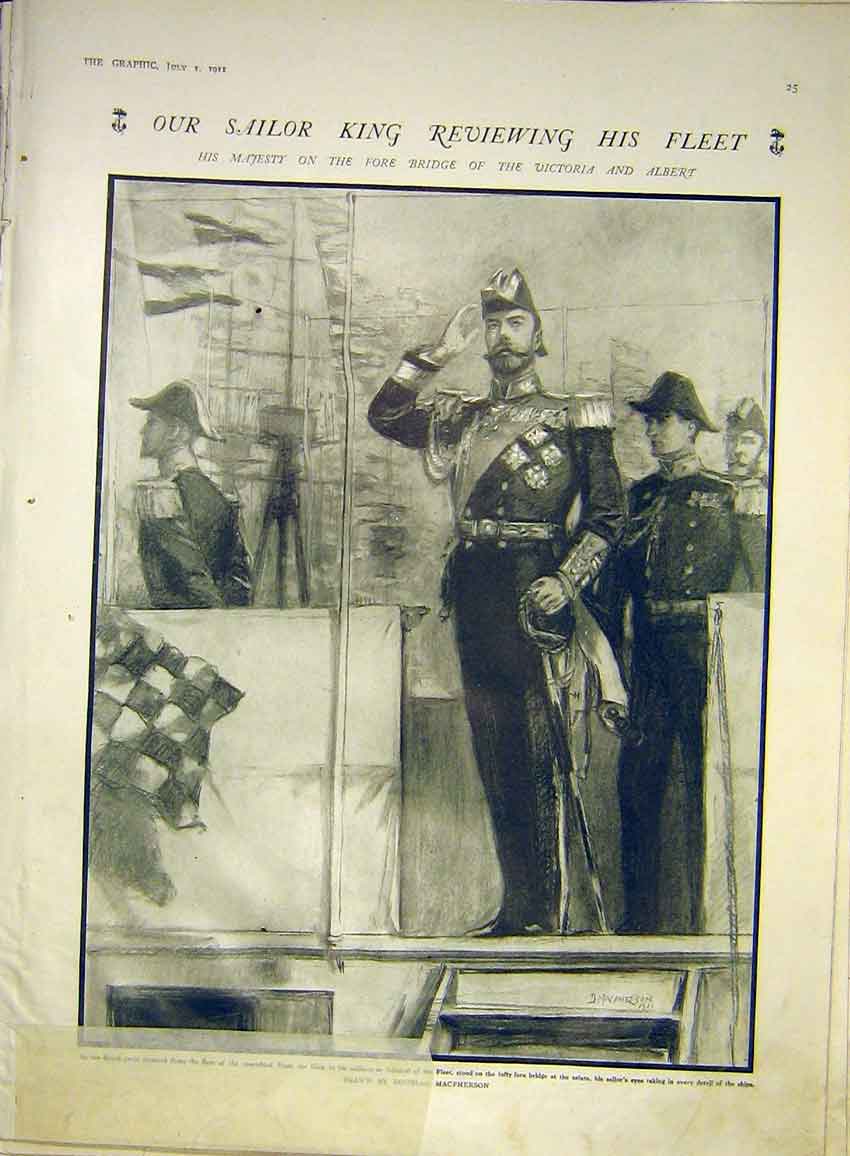 Original Old Antique Print King Fleet Victoria Albert Yacht Macpherson 1911 20th