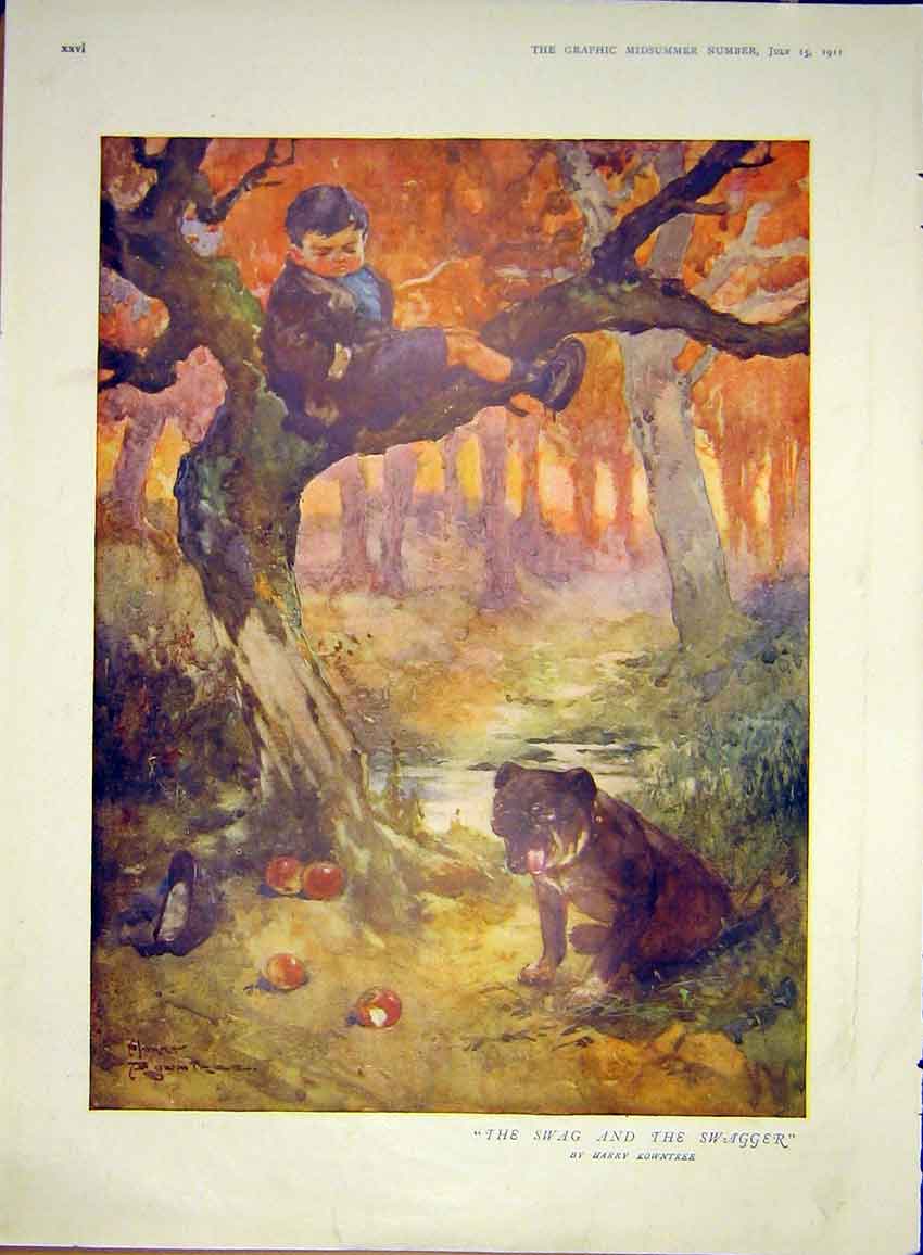 Old Antique Print Swag Boy Dog Apple Tree Orchard Fine Art 1911 Rowntree 20th