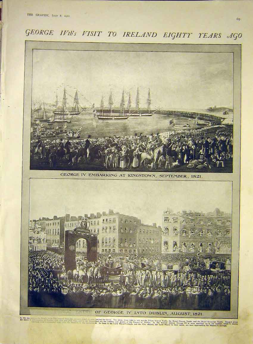 Original Old Antique Print Ireland Kingstown King George Dublin 1911 20th
