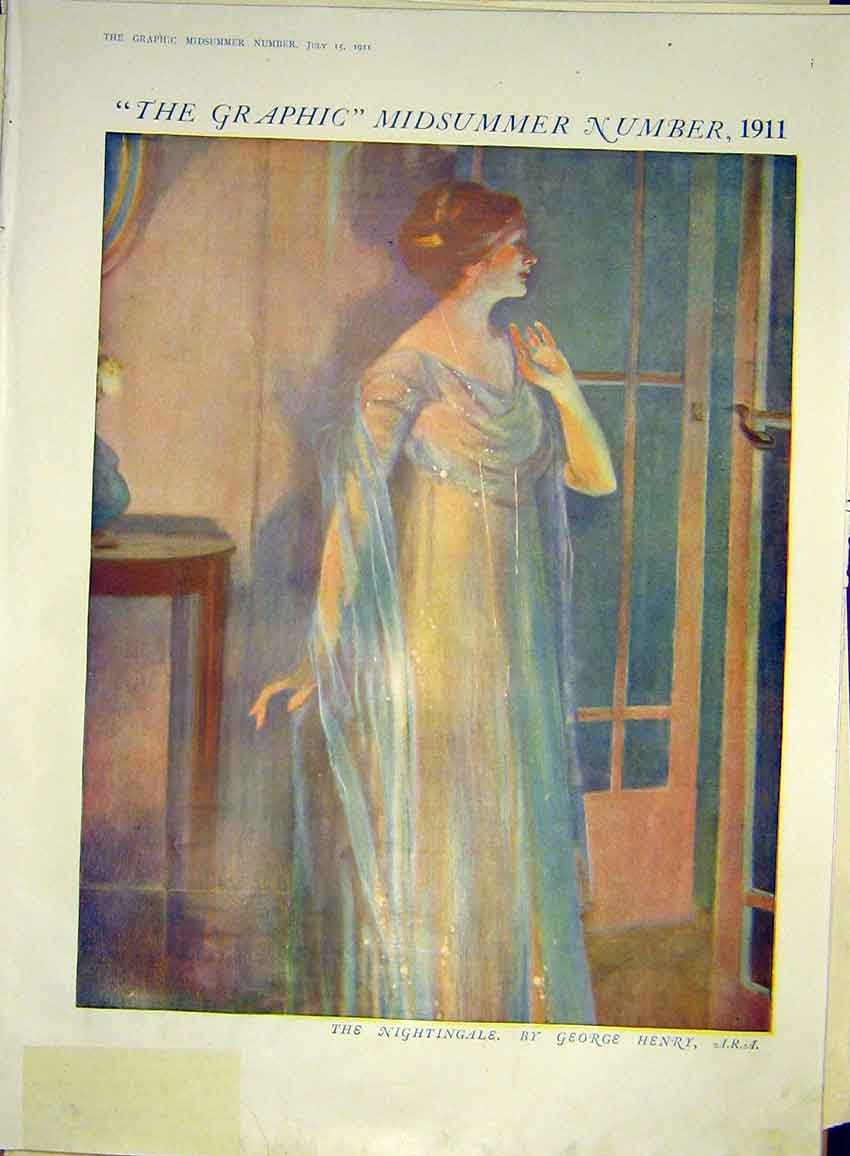 Original Old Antique Print Nightingale George Henry Fine Art 1911 Lady 20th