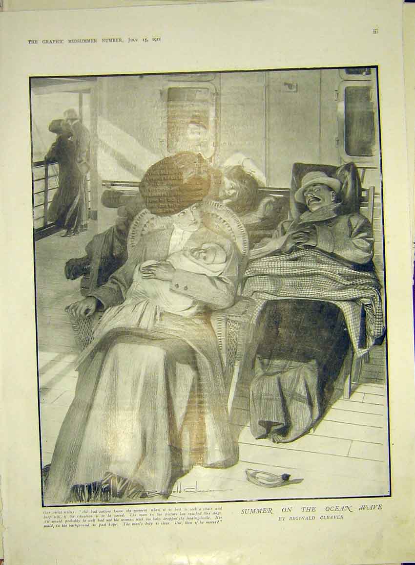Original Old Antique Print Ocean Wave Summer Cleaver Sailor Passengers 1911 20th