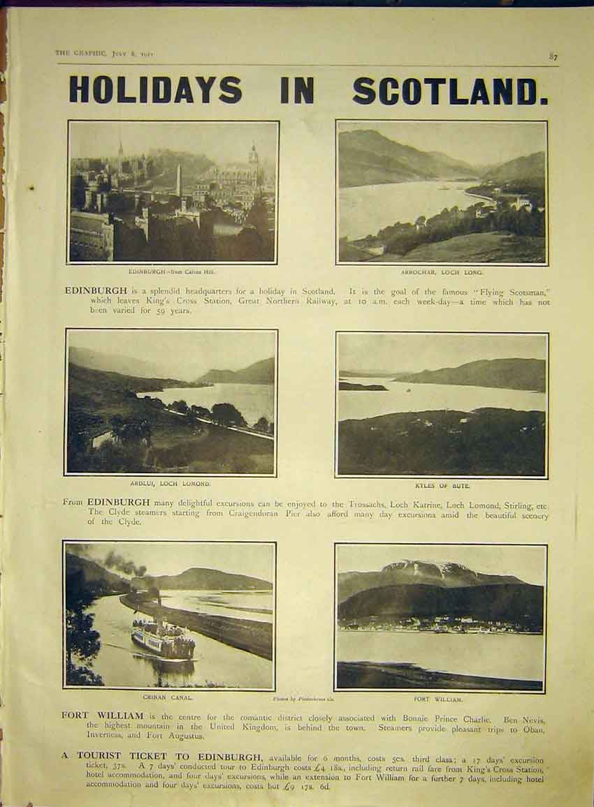 Original Old Antique Print Holiday Scotland Edinburgh Loch Long Bute Lomond 1911