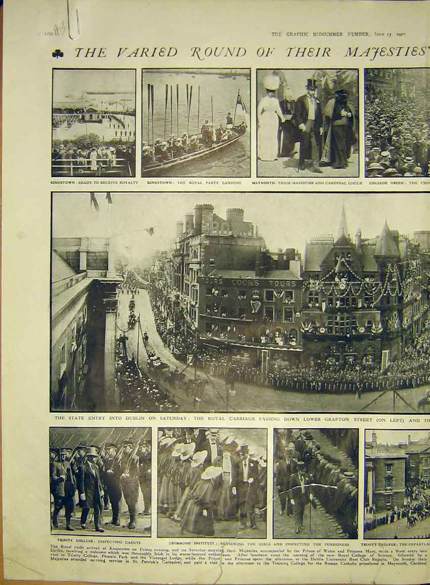 Old Antique Print Dublin Ireland King Queen Royal Kingstown Trinity 1911 20th