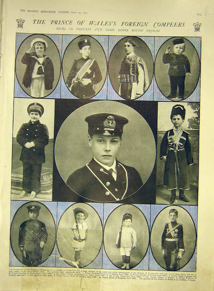 Original Old Antique Print Prince Wales Foreign Compeers Portrait Huyshe 1911