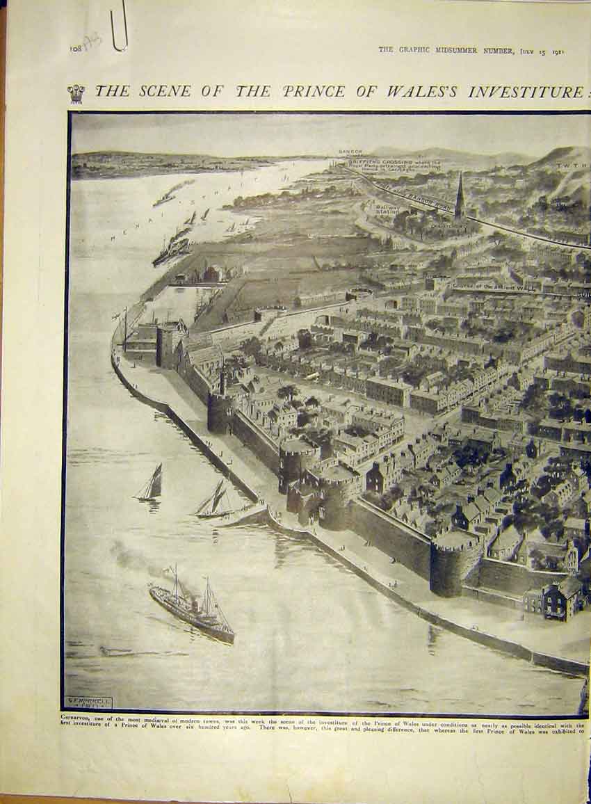 Old Antique Print Prince Wales Carnarvon Castle Sketch Map Morrell 1911 20th