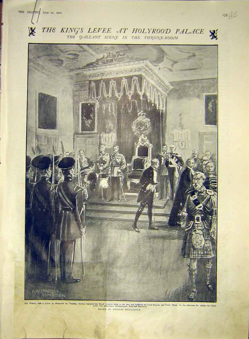 Original Old Antique Print Holyrood Palace King Levee Coronation Scotland 1911