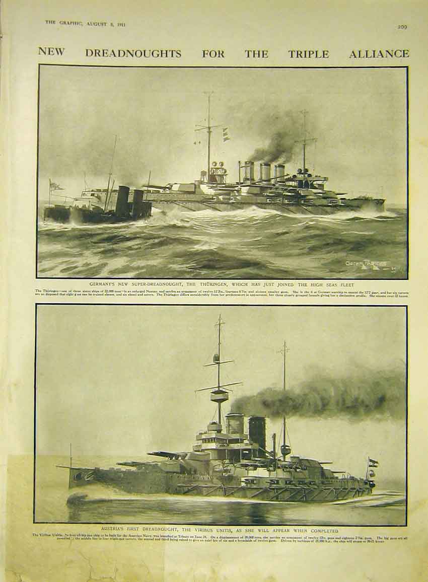 Old Antique Print Dreadnought Triple Alliance Germany Austria Ships 1911 20th