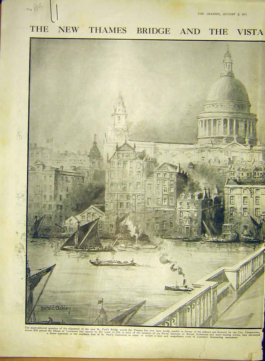Original Old Antique Print Thames Bridge London St Paul'S Cathedral Oakley 1911