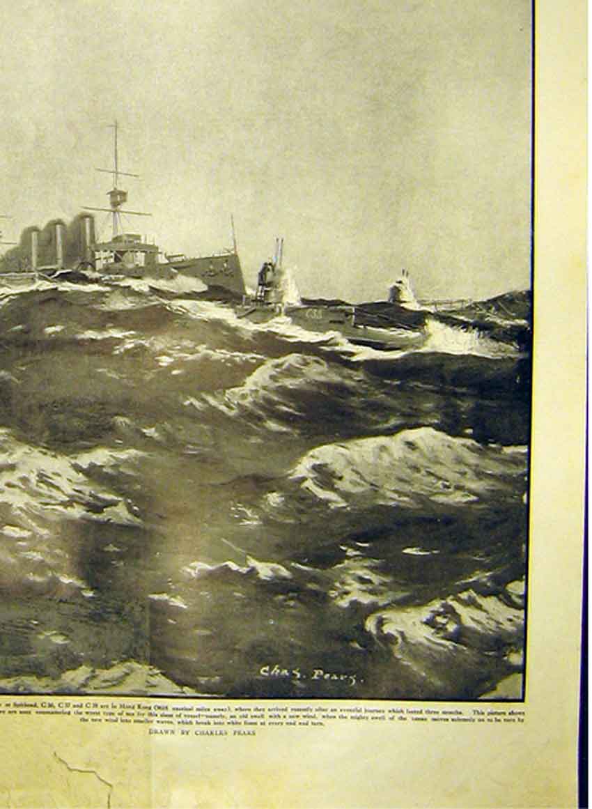 Original Old Antique Print Submarines Sea Spithead C36 C37 C38 Pears 1911