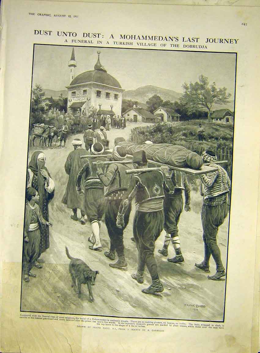 Original Old Antique Print Funeral Mohammedan Turkish Village Dadd 1911 20th