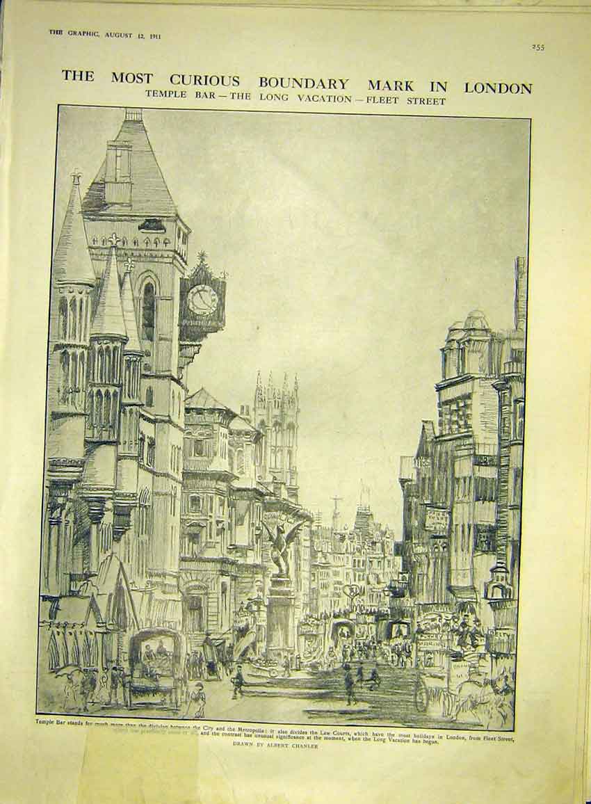Original Old Antique Print Temple Bar London Fleet Street Buildings Chanler 1911