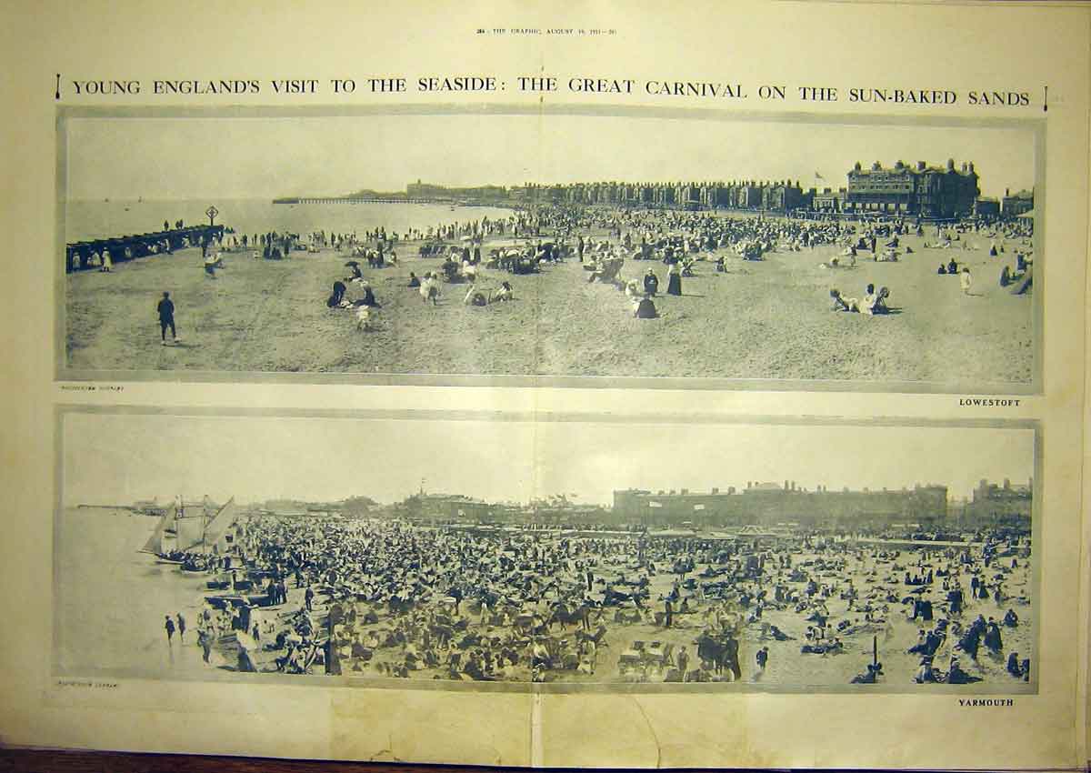 Original Old Antique Print Seaside Carnival Sands Lowestoft Yarmouth 1911 20th