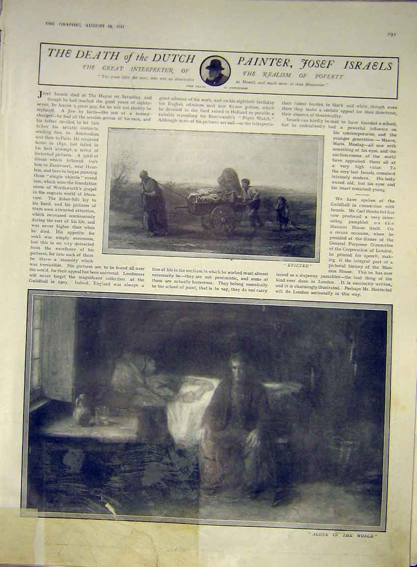 Original Old Antique Print Dutch Painter Isreals Death Fine Art 1911 20th