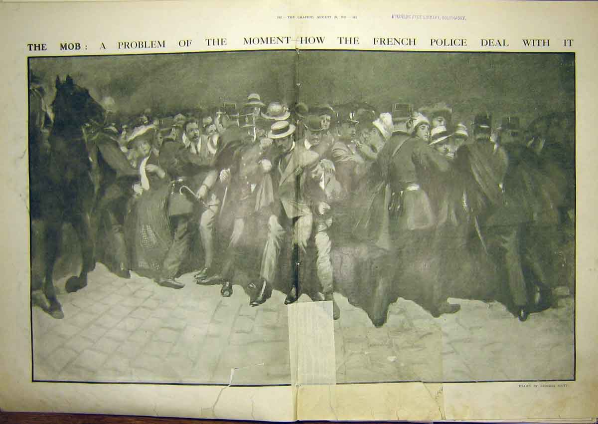 Original Old Antique Print Mob French Police Georges Scott Crowd 1911 20th