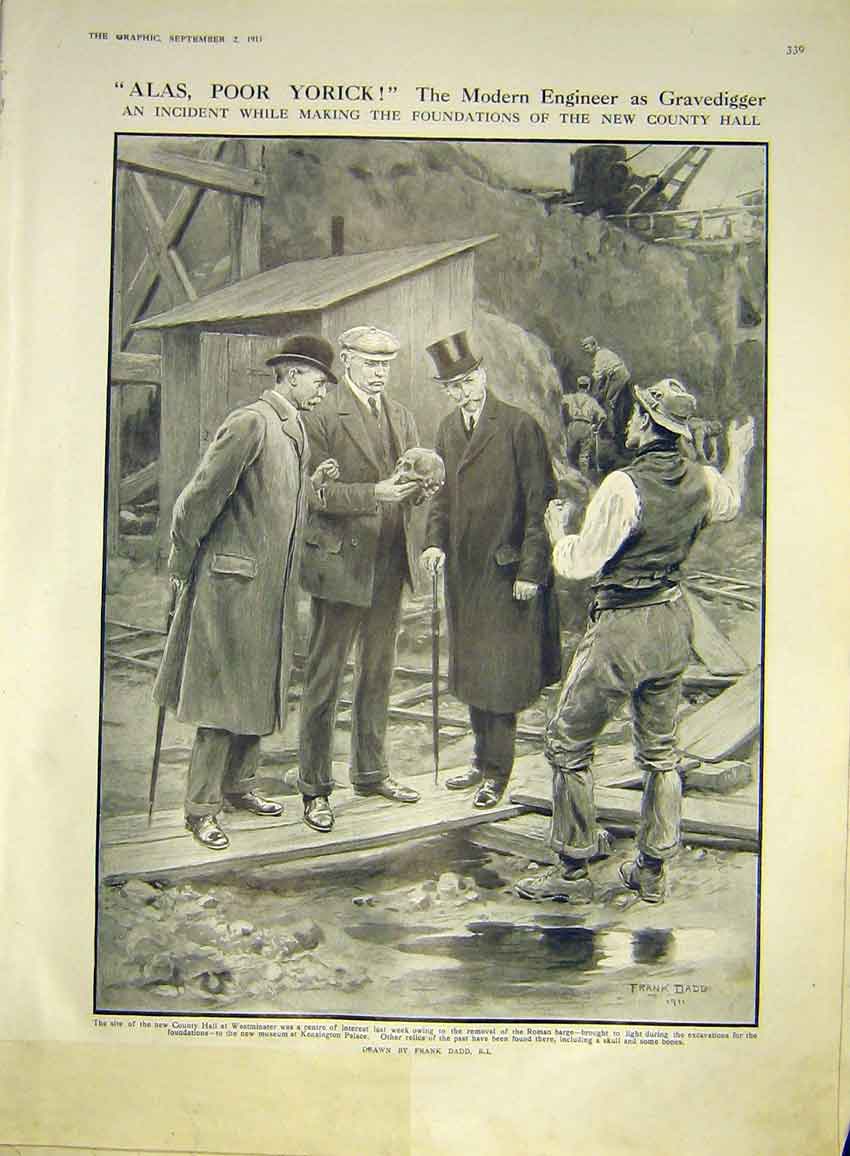 Original Old Antique Print Engineer Gravedigger County Hall Roman Barge 1911