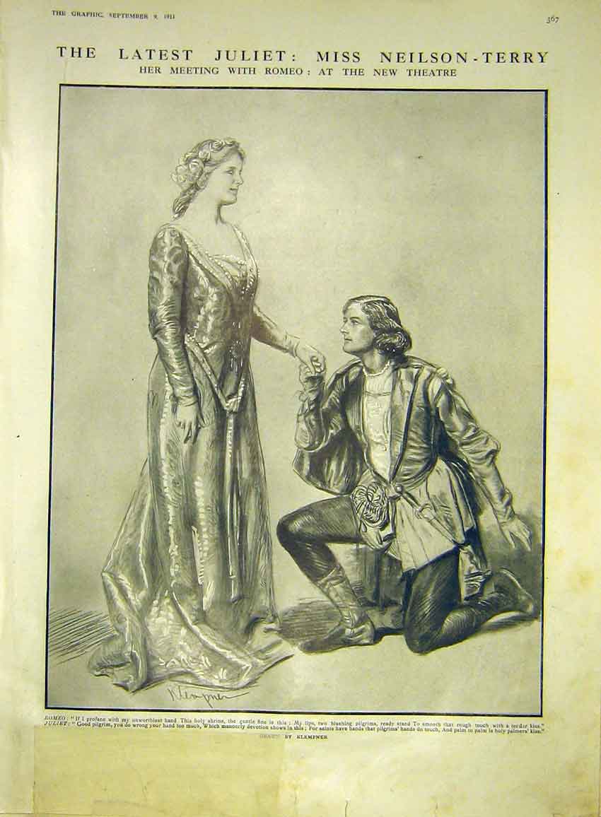 Original Old Antique Print Juliet Scene Theatre Neilson-Terry Romeo 1911 20th