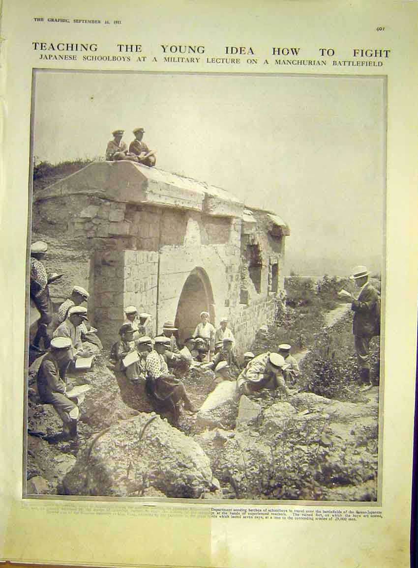 Old Antique Print Japanese Schoolboy Military Manchurian Battlefield 1911 20th