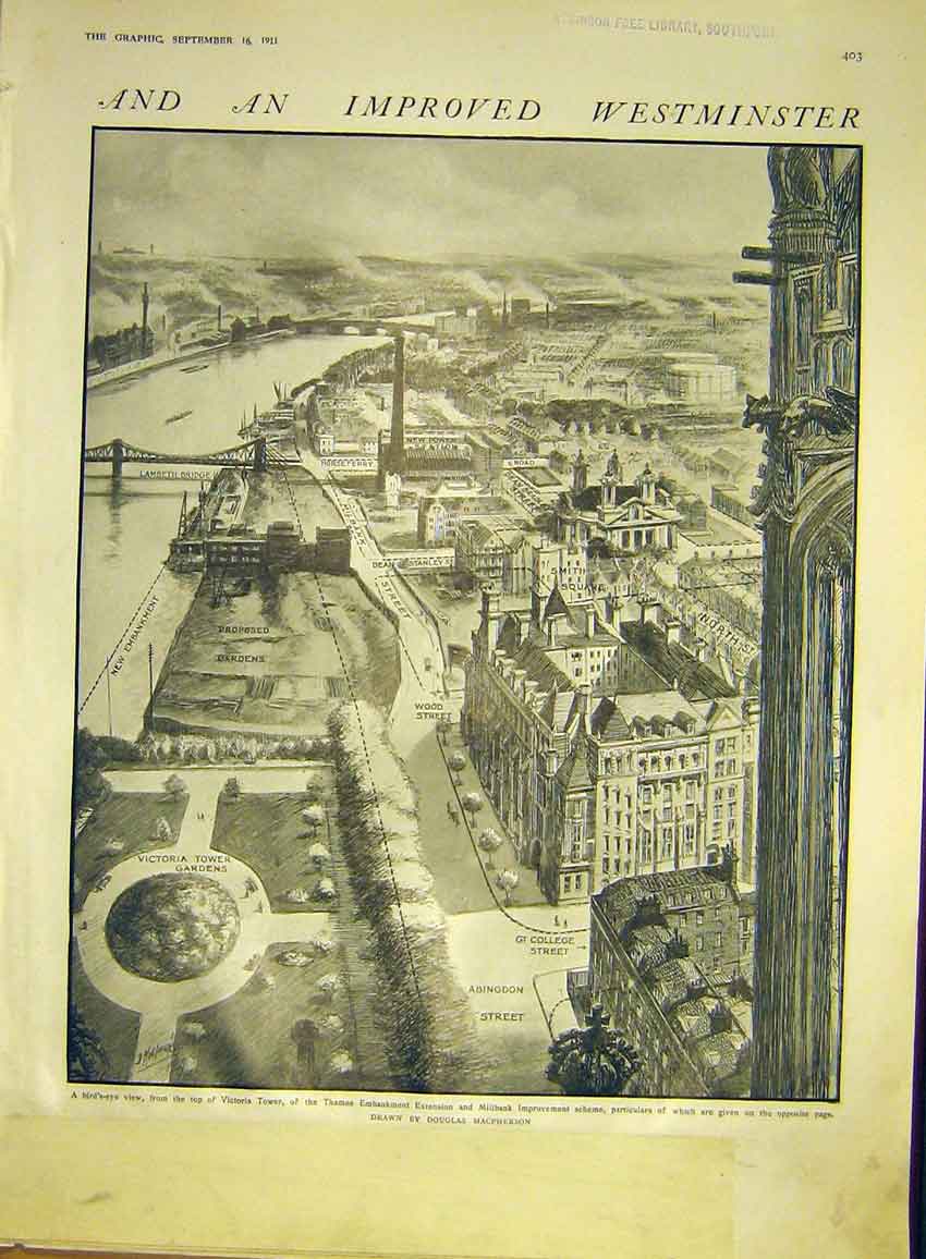 Original Old Antique Print Westminster Victoria Tower Thames Embankment 1911