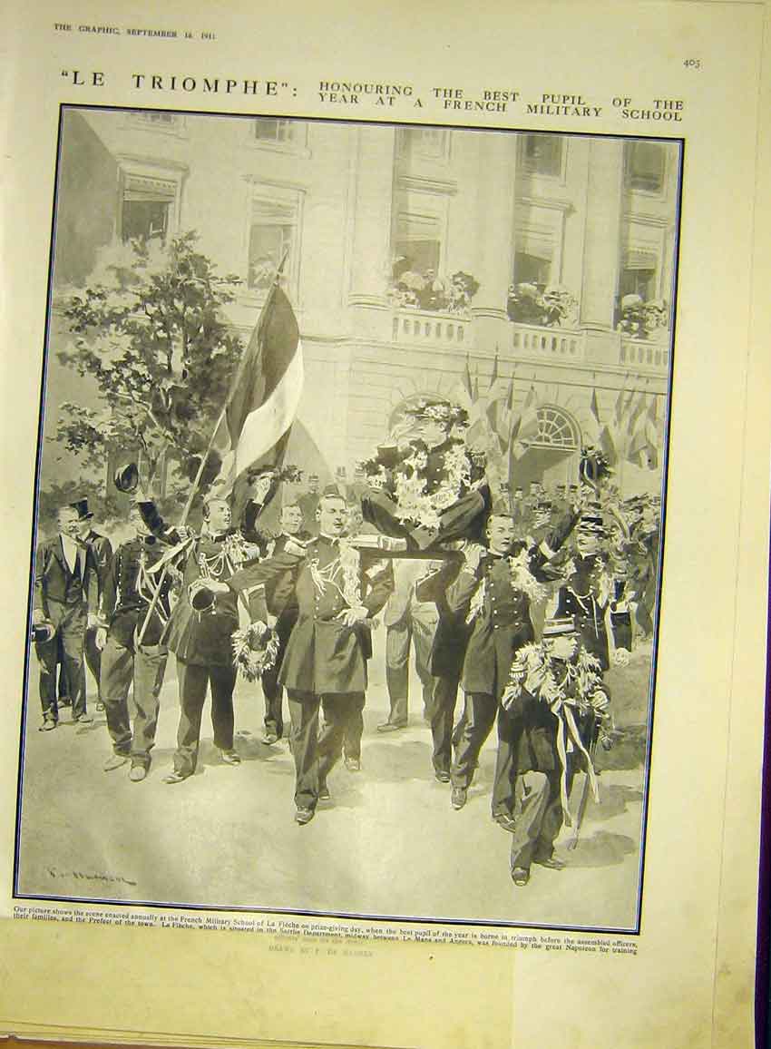 Original Old Antique Print Le Triomphe French Military School De Haenen 1911