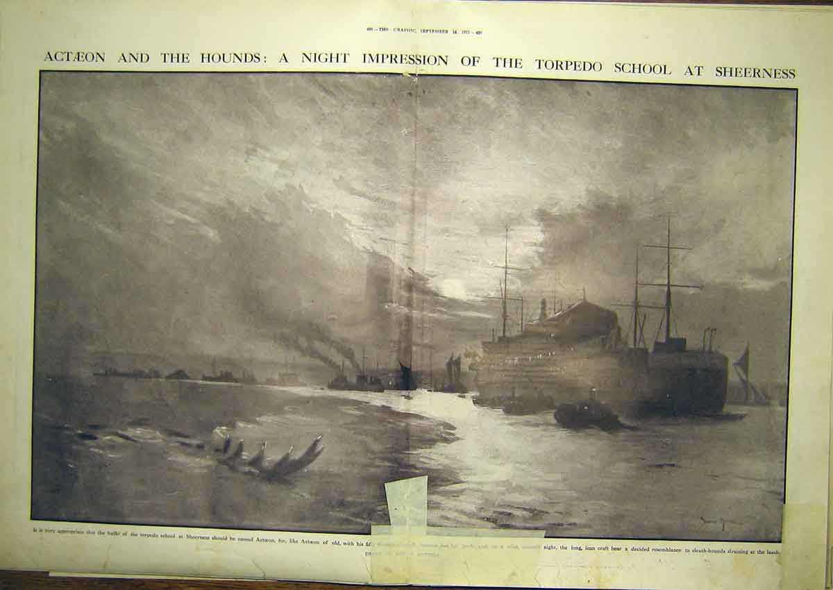 Old Antique Print Actaeon Hounds Torpedo School Sheerness Navy Naval 1911 20th