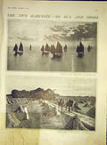 Old Antique Print Harvest Sea Shore Fishing Boat Reapers Field Ellis 1911 20th