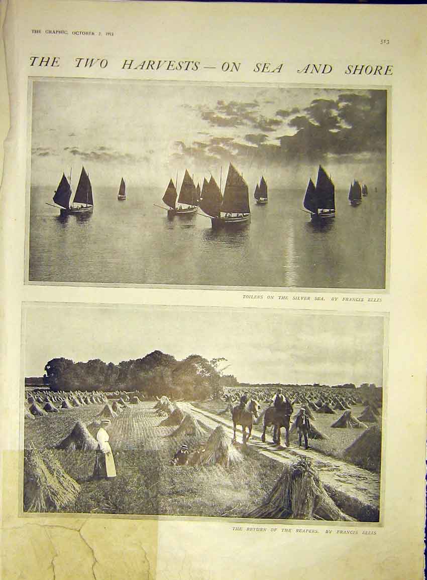 Old Antique Print Harvest Sea Shore Fishing Boat Reapers Field Ellis 1911 20th