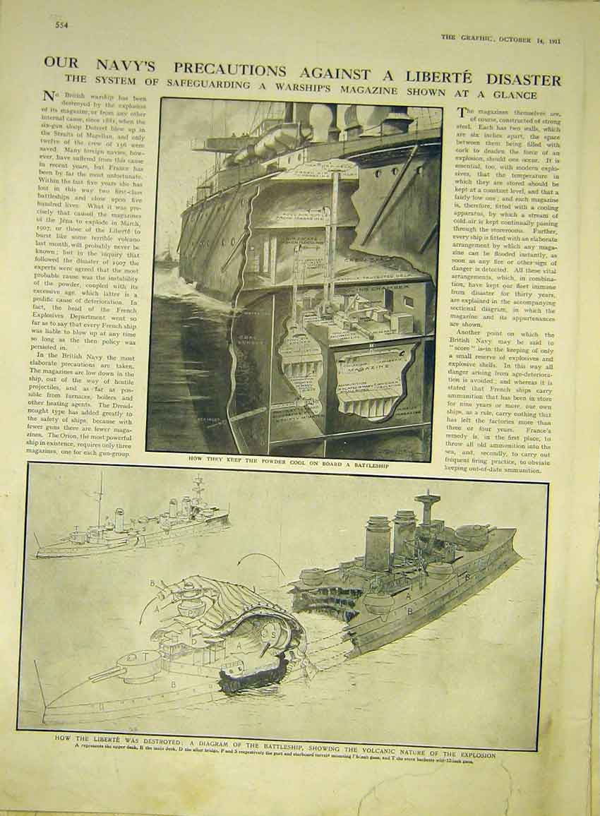 Original Old Antique Print Navy Warships Magazine Liberte Battleship 1911 20th