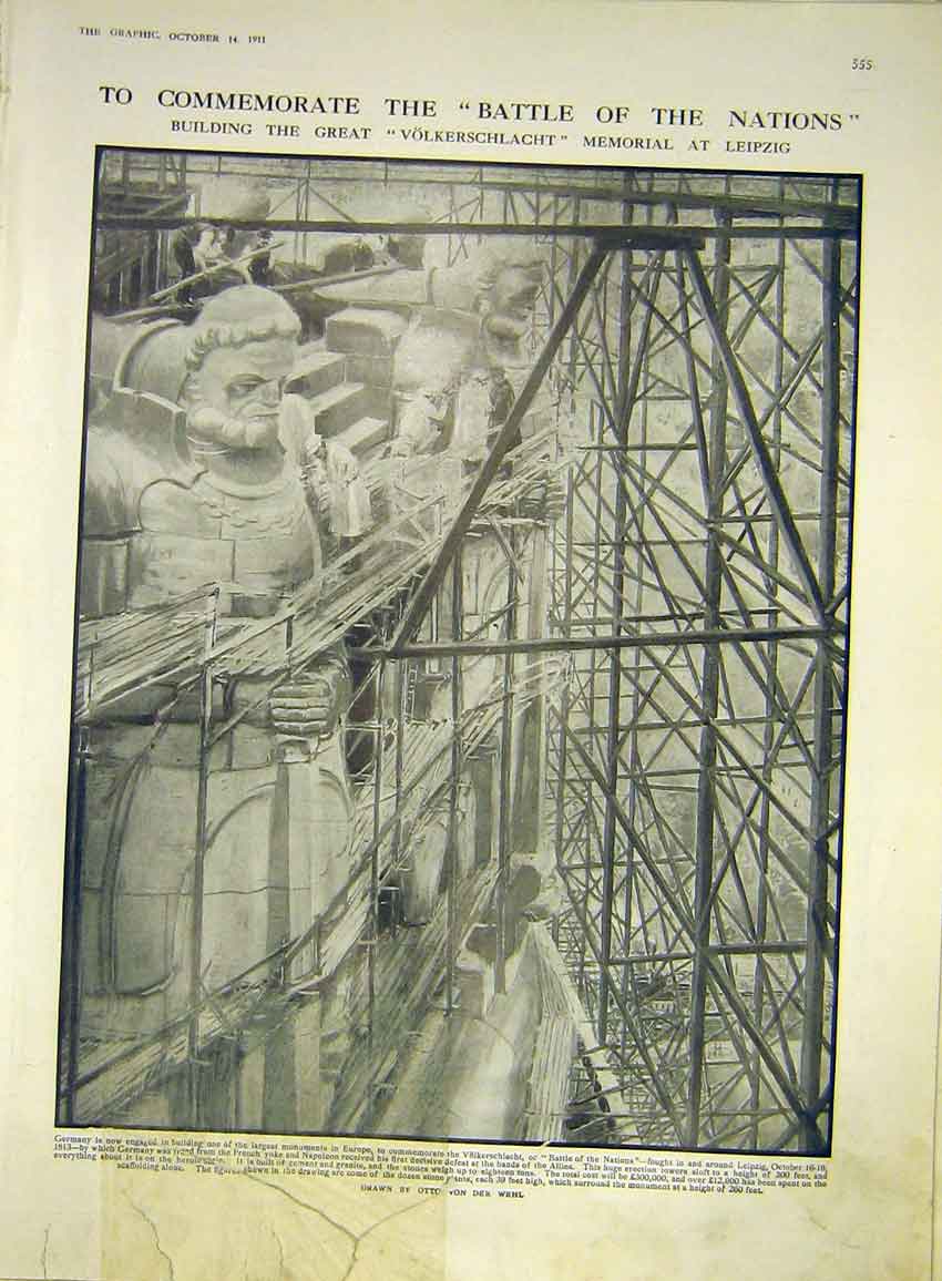 Original Old Antique Print Volkerschlacht Leipzig Memorial Battle Wehl 1911 20th