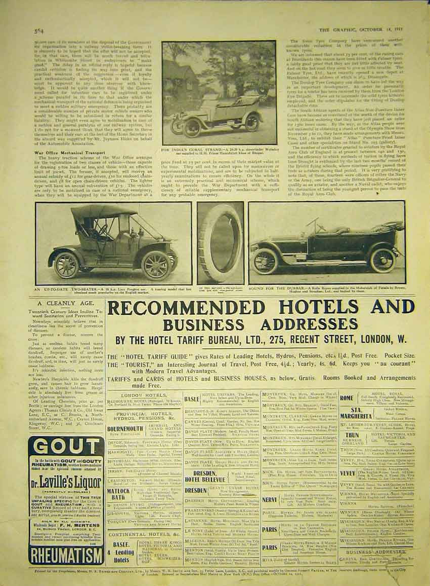 Original Old Antique Print Motor Car Wolseley Peugeot Tyre Rolls-Royce 1911 20th