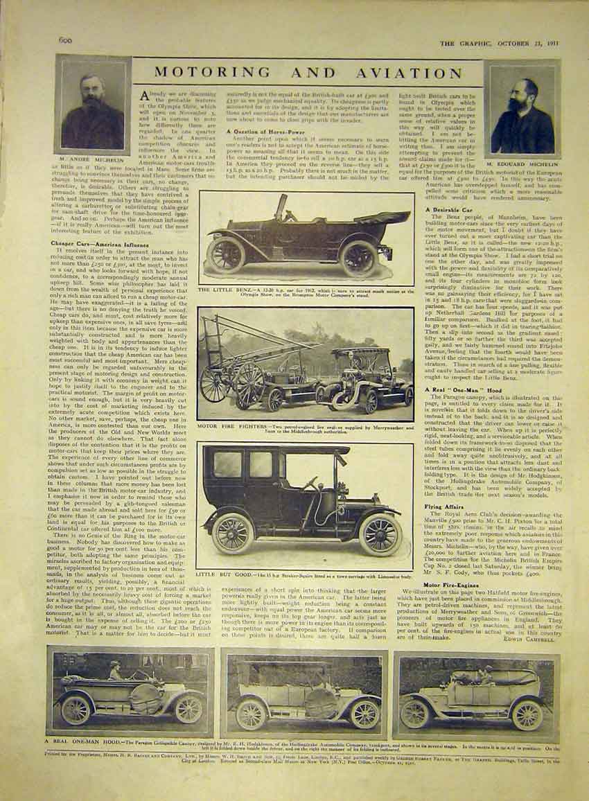 Antique Old Antique Print Motor-Car Benz Merryweather Straker-Squire Michelin 00MBB1