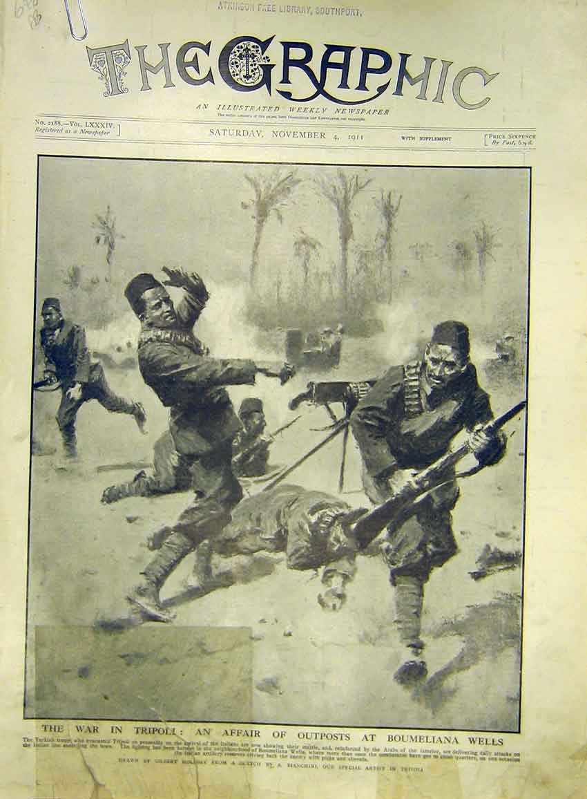 Original Old Antique Print War Triploi Boumeliana Wells Arab Court-Martial 1911