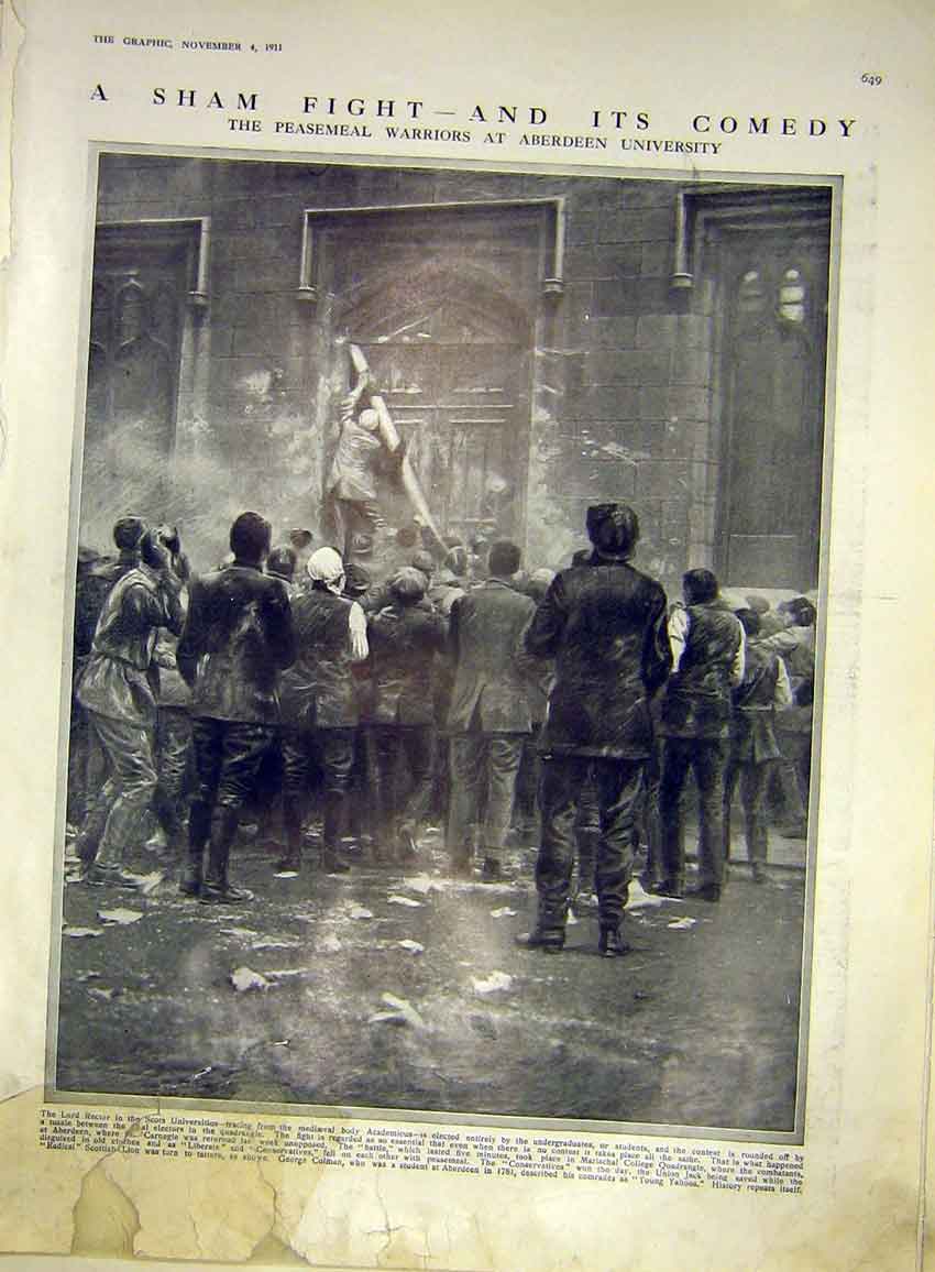 Original Old Antique Print Peasemeal Warriors Aberdeen University Scots 1911