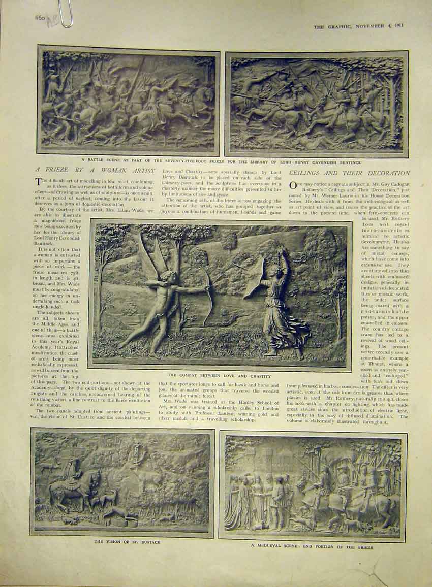 Old Antique Print Frieze Rufus Building Tower London Royal Exchange 1911 20th