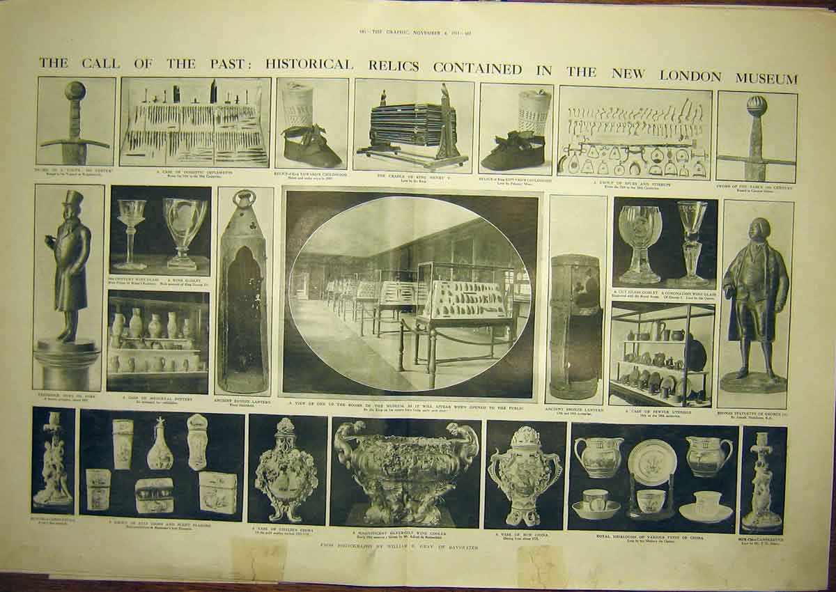Original Old Antique Print Relics London Museum Historical Pewter Bronze 1911
