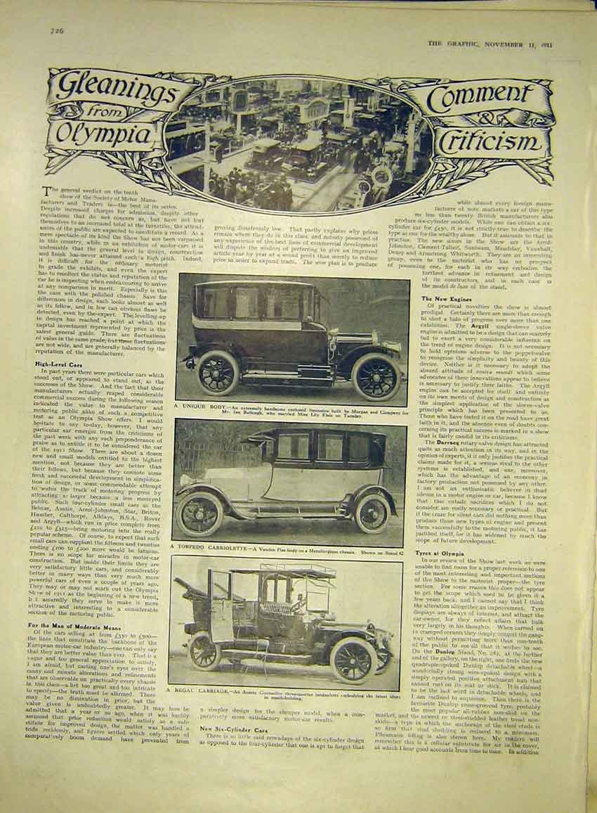 Original Old Antique Print Olympia Motor-Car Limousine Morgan Vanden Plas Austin
