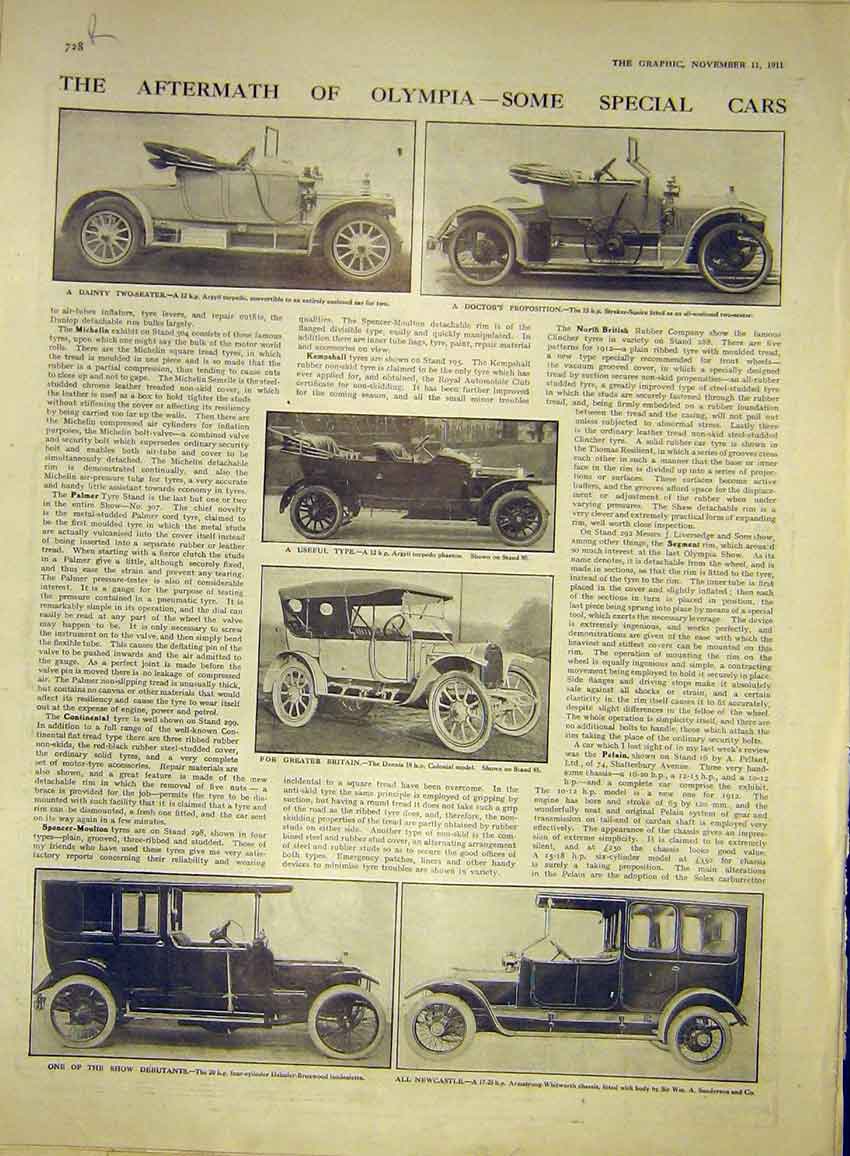 Old Antique Print Olympia Car Argyll Dennis Daimler Wolseley 1911 Dunlop 20th