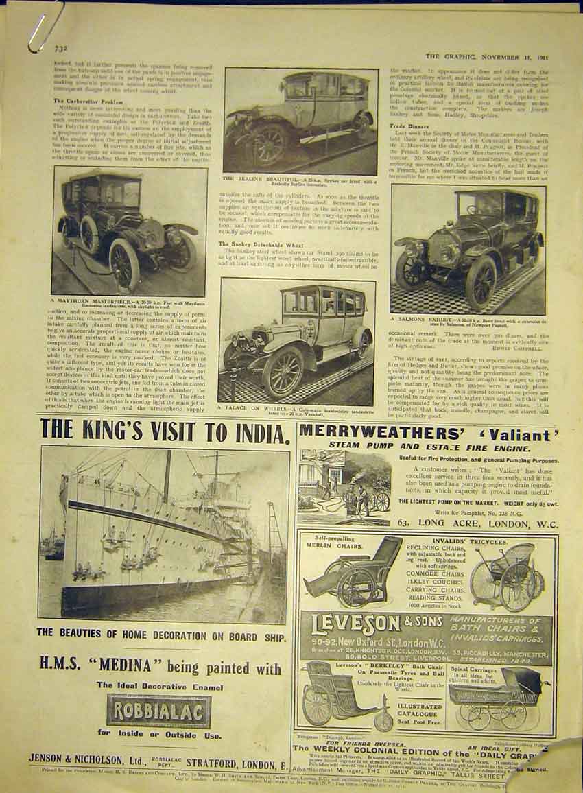Original Old Antique Print Motor Car Benz Spyker Vauxhall Fiat Crossley Zenith