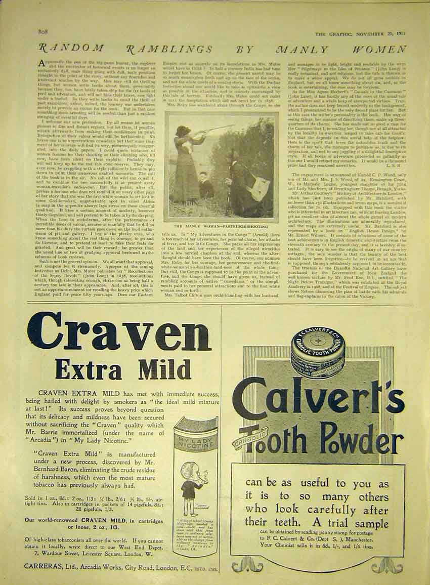 Old Antique Print Manly Woman Shooting Partridge Advert Calvert'S Craven