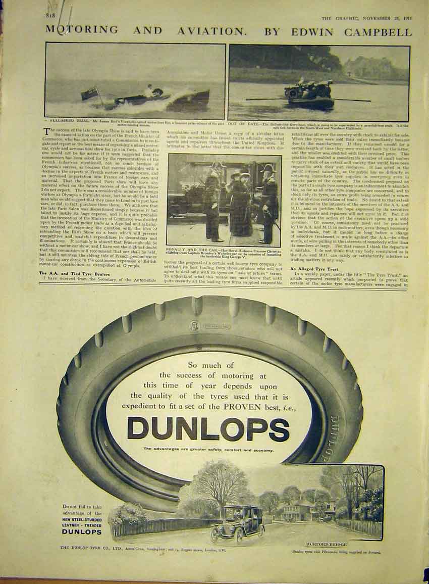 Old Antique Print Vauxhall Motor Boat Wolseley Dunlop Daimler Austin 1911 20th