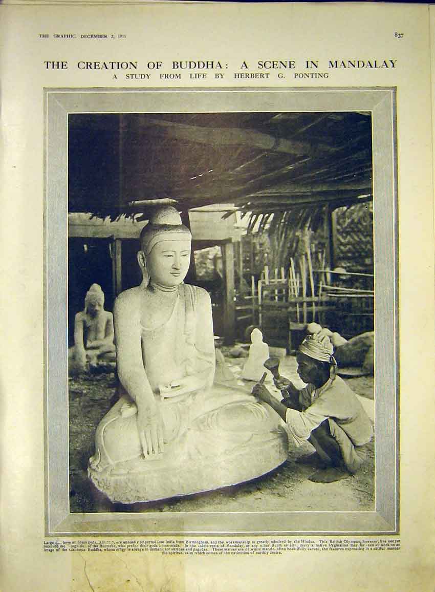 Original Old Antique Print Buddha Mandalay Ponting Creation Craft Hindus 1911